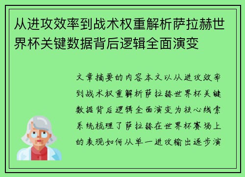 从进攻效率到战术权重解析萨拉赫世界杯关键数据背后逻辑全面演变
